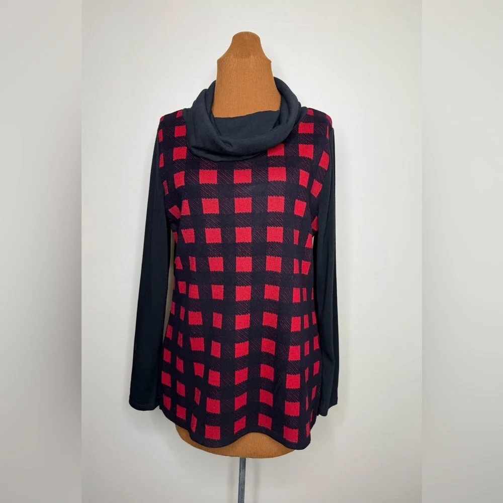 Talbots Buffalo Plaid Black and Red Cowl Neck Sweater Size Medium